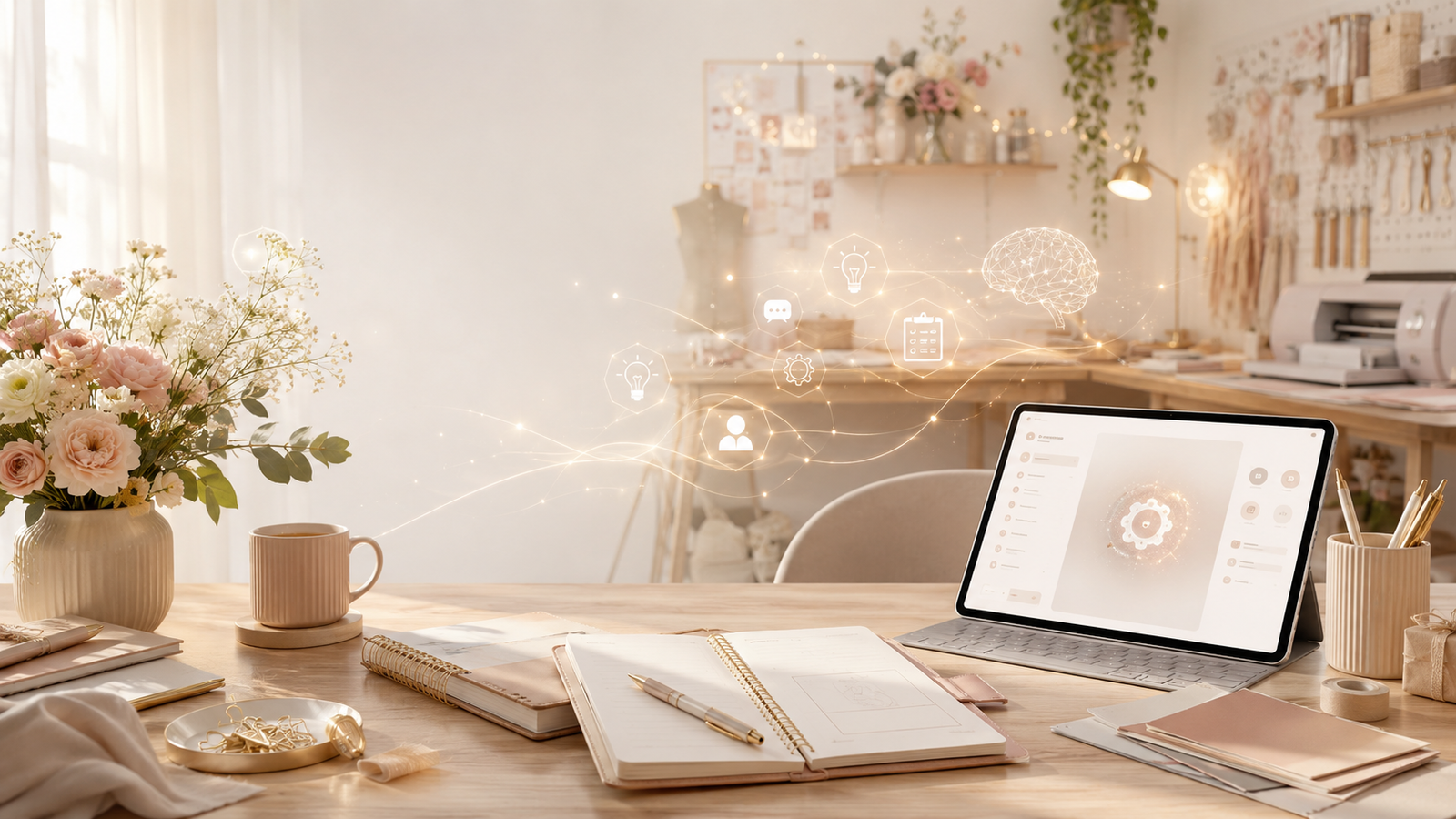 Ateliê criativo aconchegante com a inteligência artificial como assistente