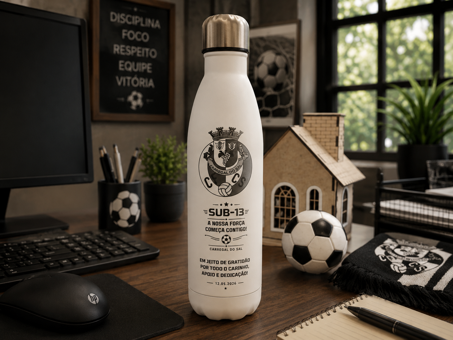 Garrafa térmica personalizada de 500 ml gravada a laser para equipa de futebol