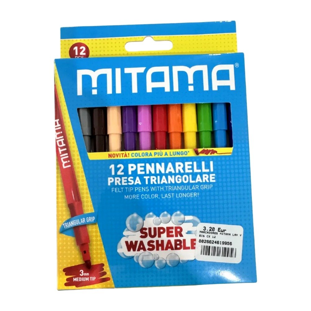 Marcadores Laváveis Mitama com 12 cores e ponta triangular de 3 mm para escola e trabalhos criativos