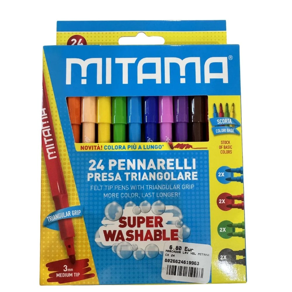 Marcadores laváveis Mitama com 24 cores e ponta triangular para desenho e pintura