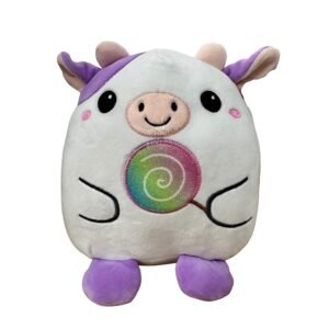 Peluche de vaquinha branca e lilás com pirulito arco-íris para presente infantil