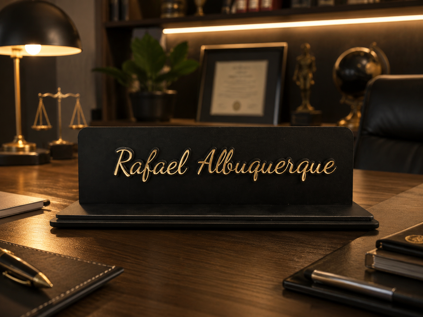 Placa de identificação preta com nome dourado personalizada Rafael Albuquerque